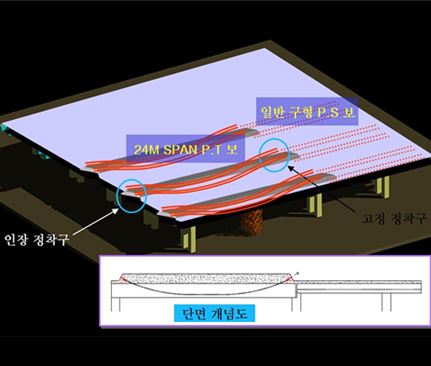 24M SPAN P.T보, 일반 구형 P.S 보, 인장 정착구, 고정 정착구, 단면 개념도